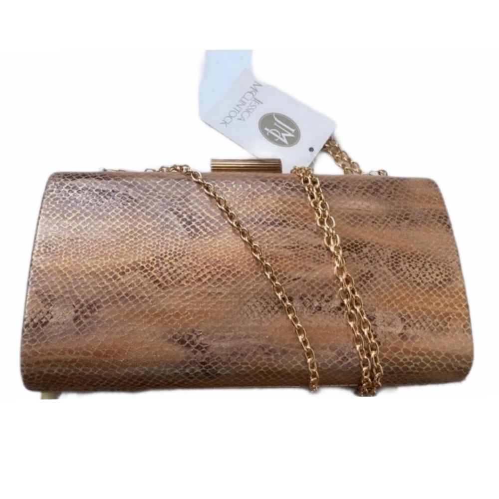 Jessica McClintock Gold Metallic Reptile Chain Strap Clutch Shoulder Bag